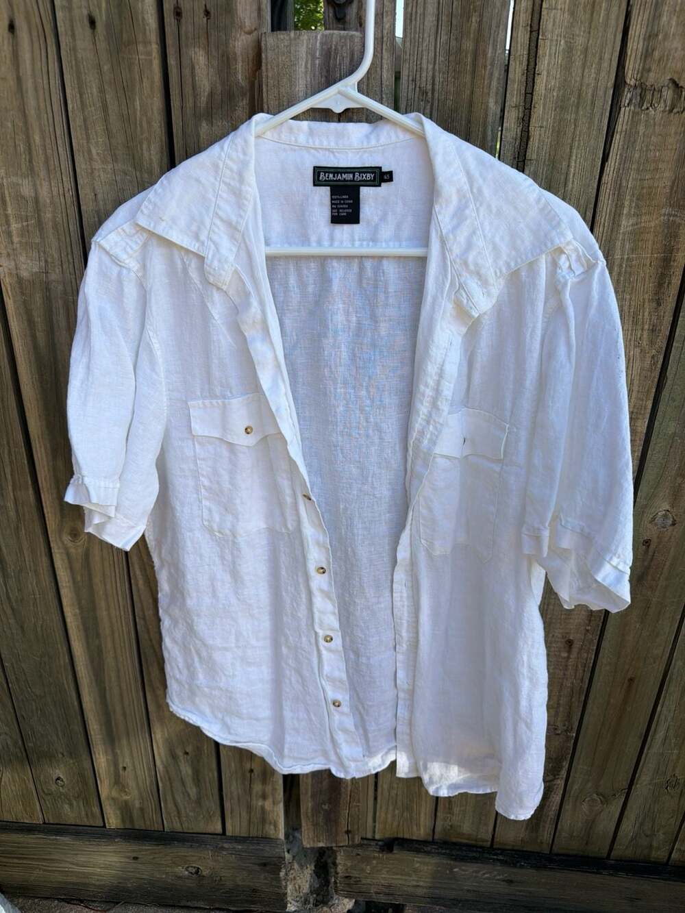 Benjamin Bixby White 100% Linen Short Sleeve Safari Shirt Size 16.5